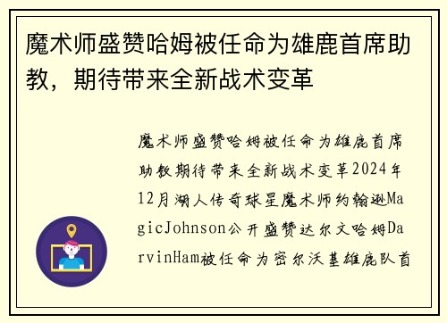 魔术师盛赞哈姆被任命为雄鹿首席助教,期待带来全新战术变革