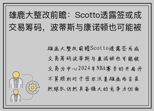 雄鹿大整改前瞻:Scotto透露签或成交易筹码,波蒂斯与康诺顿也可能被交易