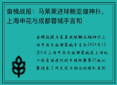 奋楫战报:马莱莱进球鲍亚雄神扑,上海申花与成都蓉城手言和