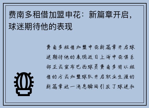 费南多租借加盟申花：新篇章开启，球迷期待他的表现