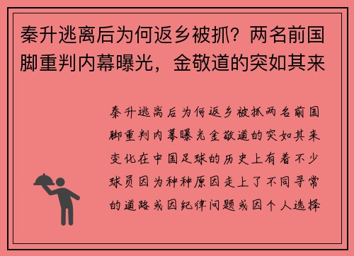 秦升逃离后为何返乡被抓？两名前国脚重判内幕曝光，金敬道的突如其来变化
