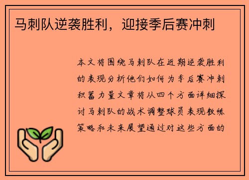 马刺队逆袭胜利，迎接季后赛冲刺
