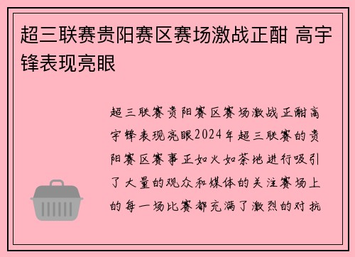超三联赛贵阳赛区赛场激战正酣 高宇锋表现亮眼
