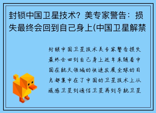 封锁中国卫星技术？美专家警告：损失最终会回到自己身上(中国卫星解禁时间)